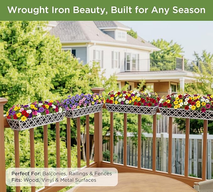 HFHOME 2 Pack 30 Inch Railing Planter Boxes with Adjustable Brackets & Non-Woven Fabric Liner Adjustable Gray Metal Window Box Planter for Balcony Deck Fence, Hanging Flower Basket for Outdoor Garden