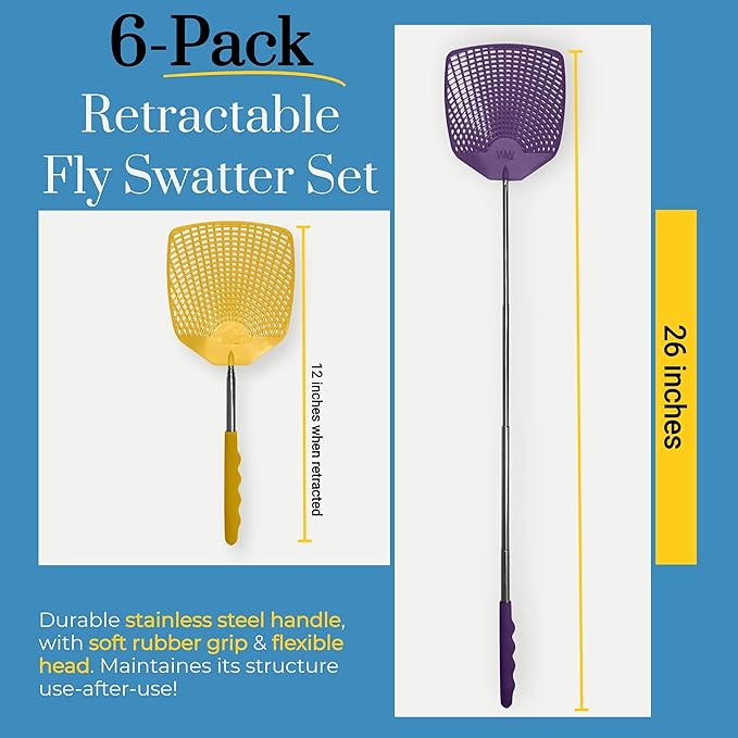 Bug & Fly Swatter – Retractable Extra Long Extendable Handle 6 Pack Fly Swatters – Indoor/Outdoor – Pest Control flyswatter