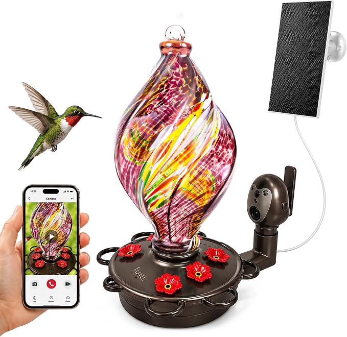 LUJII Smart Hummingbird Feeder with Camera, Hand Blown Glass for Outdoor Hanging, Solar WiFi Feeder with Live View App, 6 Feeding Ports, Leak-Resistant Design, Ant Moat & Gift Box, 28 fl oz, Purple