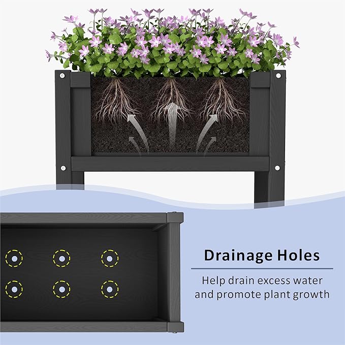 Raised Garden Bed with Drainage Hole Waterproof Small HDPE Elevated Planter Box with Legs Stable and Durable to Plant Herb Vegetable Flower,Patio,Balcony Outdoors/Indoors Black