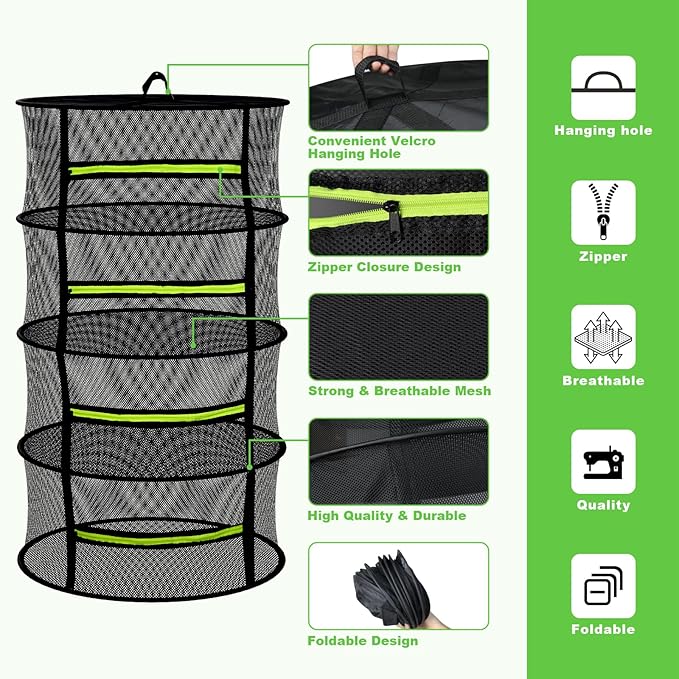 MEKOLIFE Herb Drying Rack Hanging-4 Layer, Plant Drying Rack, Bud Drying Net,Foldable Hanging Dry Rack Net with Green Zipper, Garden Shears & Hooks, for Herbs, Seeds Indoor/Outdoor (23.62")