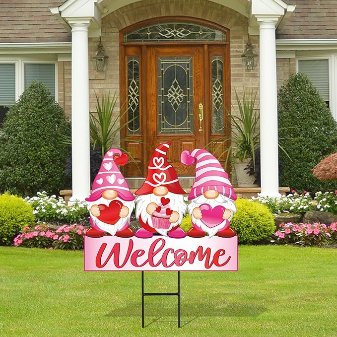 JarThenaAMCS Valentine's Day Metal Garden Stakes Red Pink Heart Gnome Yard Stake Decorative Welcome Lawn Sign for Wedding Anniversary Home Outside Lawn Porch Decor