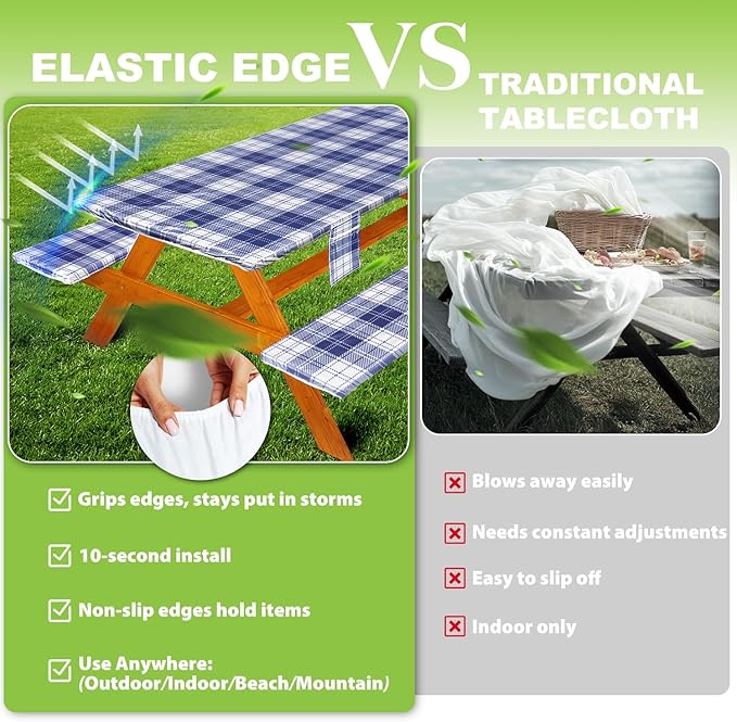 Fitted Picnic Table Cover with Bench Covers Waterproof Elastic Edges Rectangle Patio Tablecloth Outdoor Camping Essentials Stuff Rv Accessories Summer Trip Travel Camper Gifts for Woman Men, 72in 6 ft