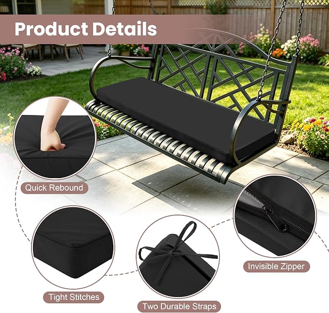 Outdoor Bench Cushions for Outdoor Furniture, 42x18 Inch, Waterproof Patio Furniture Cushion, Fade Resistant Bench Cushions for Porch Swing, Long Bench, Indoor, Black