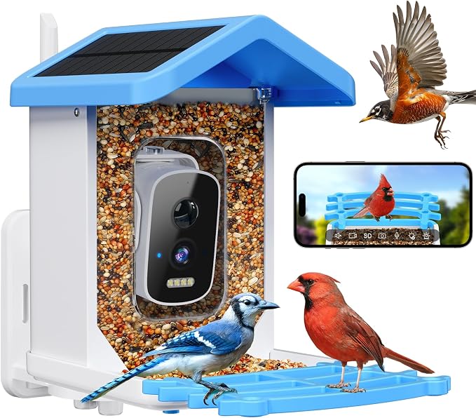 Smart Bird Feeder with Camera, AI Bird Species Identification Solar Powered Panel, 2.5k HD Video Bird House with Camera for Outside Garden, Ideal Gifts for Lover, Father's Day, Blue