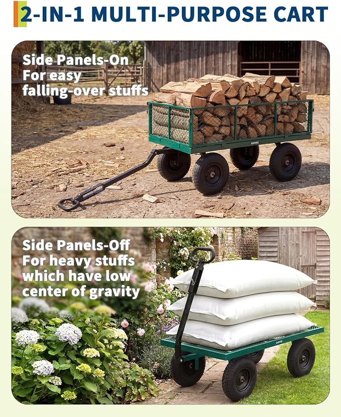 Garvee Versatile Outdoor Utility Cart-1000LBS Heavy-Duty, 13" All-Terrain Pneumatic Tires, Vehicle-Connectable, Easy Maneuverable Lawn Cart with Removable Mesh Panels for Gardening & Landscaping,Green