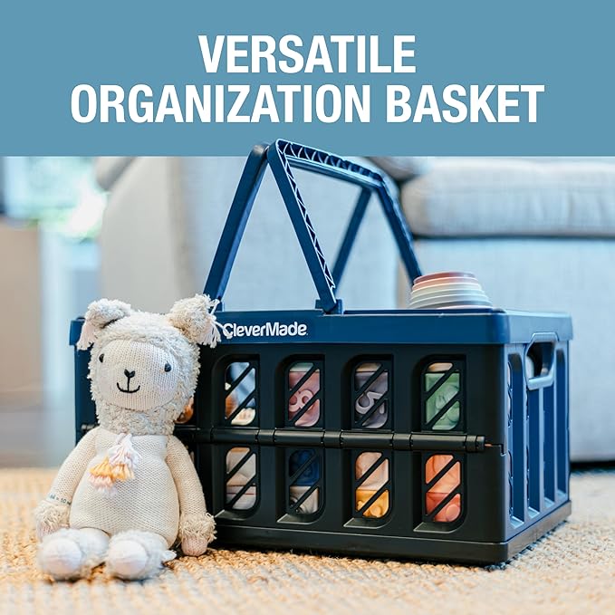CleverMade Collapsible Shopping Basket with Handles – 24L 3 Pack Collapsible Grocery Tote, Plastic Storage Baskets Fold Flat, Stackable Collapsible Storage Bins for Car & Home - Obsidian