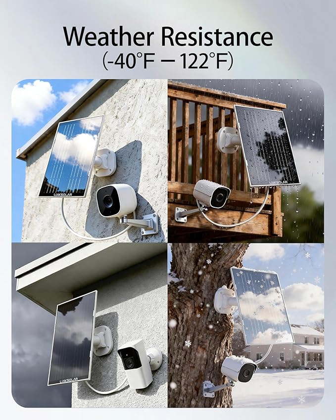 Solar Panel for Security Camera Outdoor, 5W Solar Charger with Micro USB, DC & USB-C Port for Outdoor Rechargeable Battery Camera, IP65 Waterproof, 9.8ft Cable, 360°Adjustable Bracket