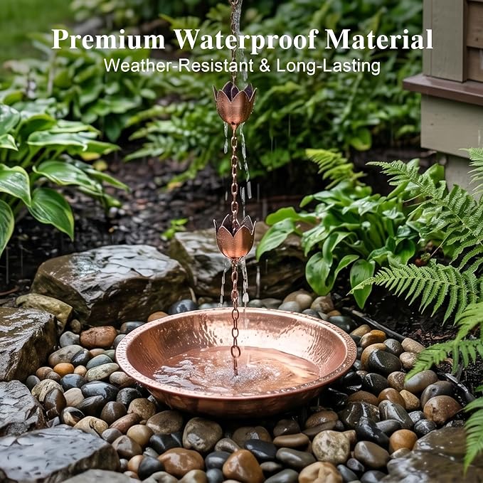 Topadorn Copper Rain Chain for Gutters, 8.5 FT Solid Copper Lotus Rain Chain, Decorative Downspout Alternative with 11 Cups for Garden, Patio & Outdoor Decor
