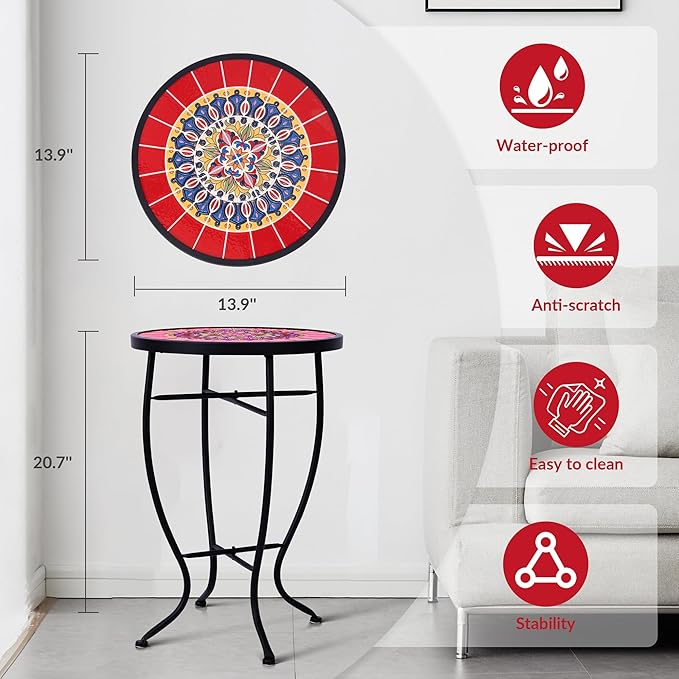 Elevon 14 Inch Round Side Ceramic Tile Top Indoor and Outdoor Accent Table, Sun
