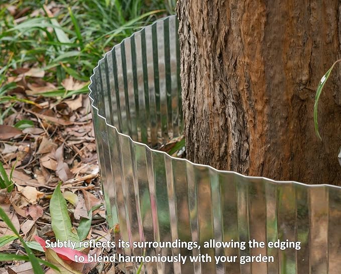 A ANLEOLIFE 40ft Galvanized Steel Landscape Edging Roll, 6" Tall Sturdy Flexible Corrugated Metal Lawn Border for Garden, Pathway & Flower Beds, Silver