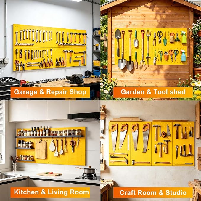 Metal Pegboard Panels, Yellow, Heavy Duty | Wall Panels, For Garage and Garden Tool Storage, Includes Drywall Anchors and Screws Kits