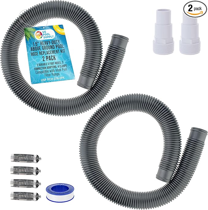 U.S. Pool Supply 1.5" Heavy-Duty Above Ground Pool Hose Replacement Kit - 2 Silver 3 Foot Hoses, 2 Connection Adapters, 4 Clamps - Compatible with Intex Filter Pumps