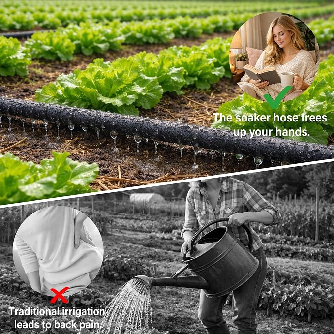 MIXC 80% Water-Saving Soaker Hose – 1/4" x 100 Ft Drip Irrigation Tubing for Garden, Lawn, Flower Beds & Vegetable Rows, with 1/4" Drip Fittings