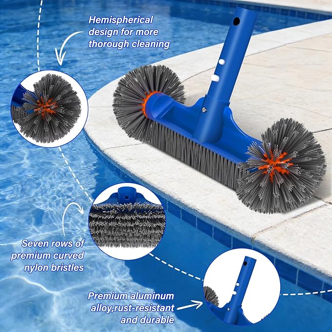 Swimming Pool Cleaning Kit Including 12.5 in Pool Brush Head,Ultra Fine Mesh Pool Leaf Skimmer Net with 76.5 in Aluminum Pole for Remove Debris and Dirt
