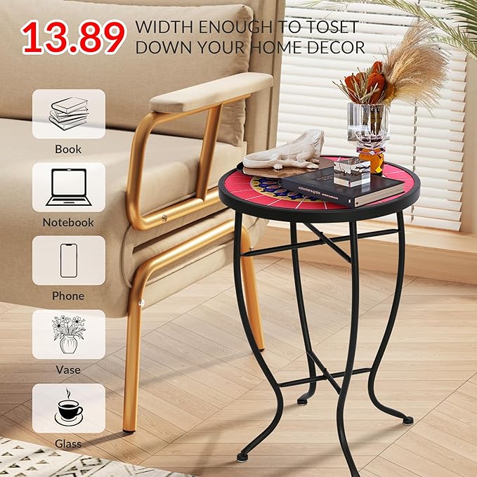 Elevon 14 Inch Round Side Ceramic Tile Top Indoor and Outdoor Accent Table, Sun