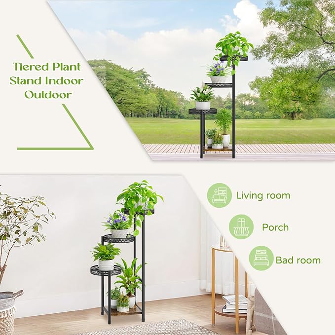 Oppro Plant Stand Set of 2, Tiered Metal Wood Corner Planter Stands Flower Shelf for Indoor Outdoor Plants