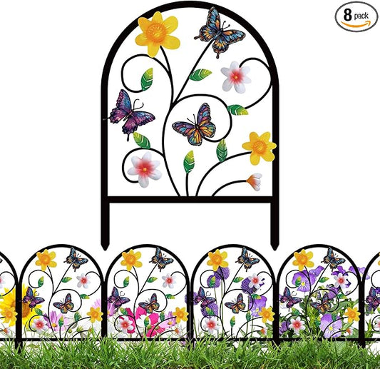 8 Pack Butterfly Decorative Garden Fence Metal Butterfly Flower Design Metal Arch Garden Fence Border for Yard Patio Flower Bed Lawn Outdoor Landscape Decoration Animal Barrier Fence for Garden