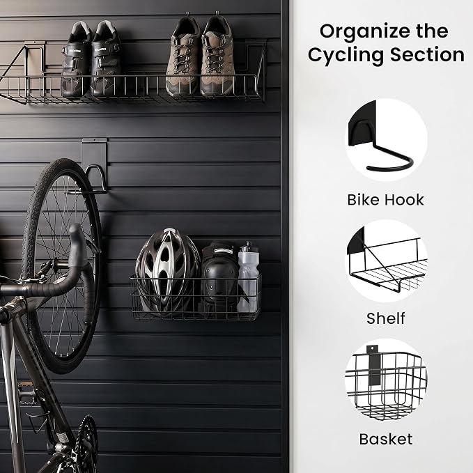 Smartstandard 29PCS Slatwall Accessories, Includes 3PCS Bike Hooks, 2PCS Wall Baskets, 1PC Shelf, 1PC Large Mesh Storage Bag and 22PCS Multi Shapes(J/U/Straight) Hooks, Accessory for Sports