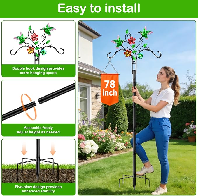 Double Shepherds Hooks for Outdoor, 78 Inch Bird Feeder Pole with 5 Prongs Base, Adjustable Heavy Duty Plant Hangers Hummingbird Art for Outdoor Plants Hummingbird Feeder Hanging Baskets Lantern