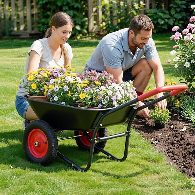 Autodaya Dual-Wheel Garden Cart, 14" Pneumatic Tires & Built-in Stand, 4.5 Cu Ft Utility Yard Wheelbarrow for Gardening, Soil, Construction, Easy Assembly,Red