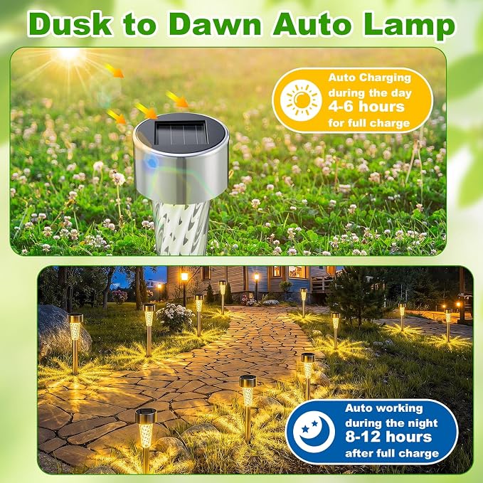 Huquary 50 Pcs Solar Lights Outdoor Waterproof Bulk LED Stainless Steel Solar Outdoor Pathway Garden Landscape Path Lights for Pathway Lawn Porch Garden Walkway Driveway Outside Decor (Warm White)