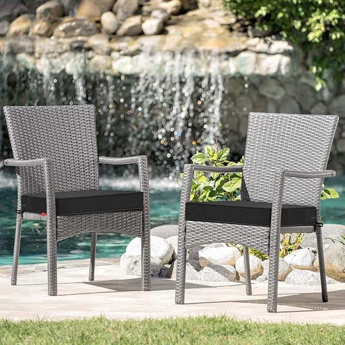 Patio Chair Cushions 19x19 Inch, Water Repellent Outdoor Seat Cushions with Adjustable Straps, Fade Resistant Replacement Cushions for Garden Deck Sofa Couch, Set of 2, Black