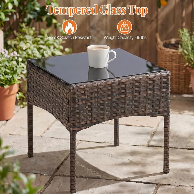 Sweetcrispy 3 Piece Patio Furniture Set, All-Weather Outdoor Conversation with Removable Cushions & Tempered Glass Table, Small Wicker Bistro Set for Balcony, Porch, Backyard, Deck, Brown