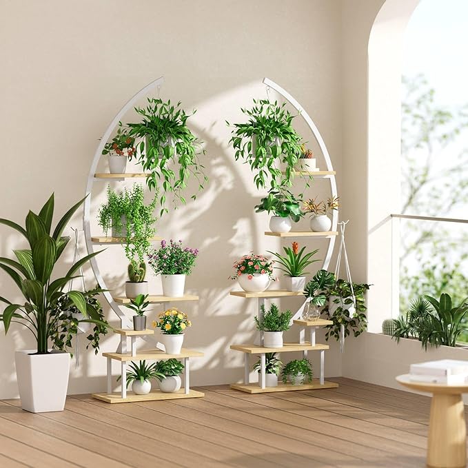 GREENSTELL Plant Stand with Grow Lights, Half Moon 7 Tiered Metal Plant Shelf , Multiple Tier Curved Ladder Flower Pot Stand Display Rack for Indoor Living Room Patio Garden Balcony White (1 Pack)
