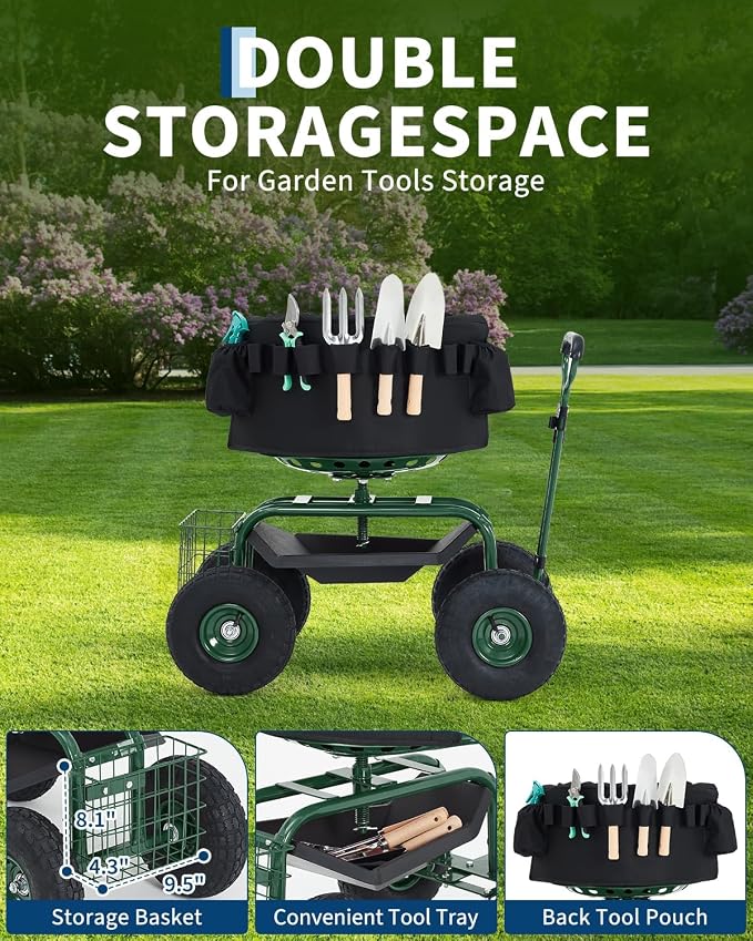 Rolling Garden Work Seat with Wheels, 360° Swivel Seat Gardening Cart with Extendable Steering Handle, Tool Tray and Storage Basket, 300 lbs Capacity, Gardening Stools for Patio, Yard, and Outdoors
