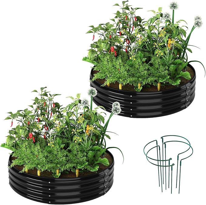 ZFHgarden Galvanized Metal Planter Round Raised Garden Bed Kit for Gardening Outdoor，2x2x1ft 2pc Grow Garden Box Raised Flower Bed，Round Galvanized Planter Outdoor Metal Fire Pit Ring Black