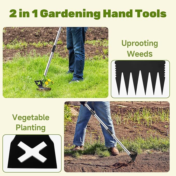 60" Weed Puller Tool with Long Handle and 17" Weeding Tools Gardening Set, Dual Side Hand Weed Rake and Hoe Garden Weeder, Weed Pulling Remover Tool for Yard, Patio, Lawn and Garden Planting (Black)