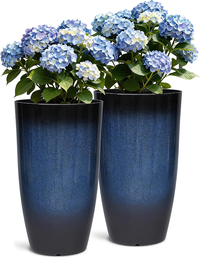 23.75" H Large Tall Outdoor Planters, Set of 2 Plastic Large Flower Pots for Outdoor Plants, with Gradient Cobalt Bule Finish, Weather-Resistant for Porch, Garden, Patio or Indoor Use