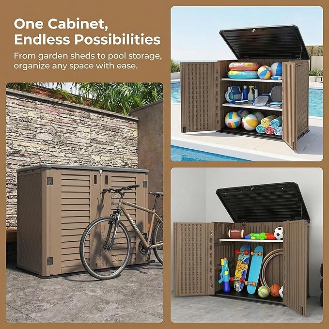 Outdoor Storage Cabinet, 34 Cu. Ft Horizontal Resin Storage Shed for Trash Cans/Garden Tools/Backyard/Pool, Weatherproof & Lockable, No Shelf Included (Brown)