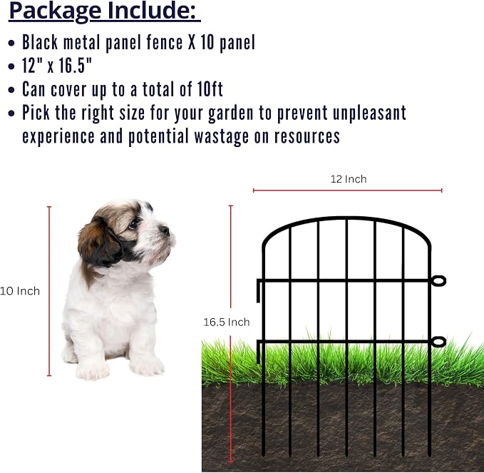 ShopLaLa Garden Fence (10 Panels) 12in(L) x 16.5in(H) Animal Barrier Fencing for Dogs, Rustproof Metal Wire Decorative Flower Bed Edging for Landscape Patio Outdoor Decor, Tall Large Yard Black Fences