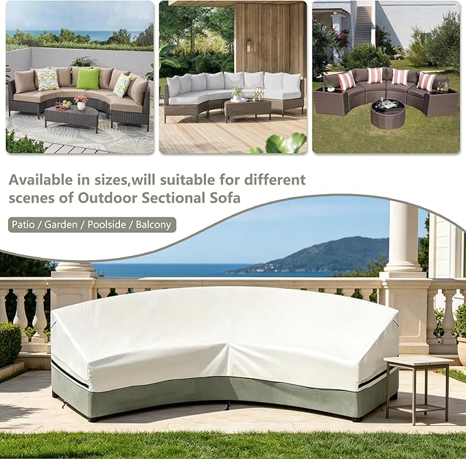 Okcool Outdoor Sectional Cover,Curved Patio Furniture Covers for 3-4 Seater Outdoor Furniture Couch,120"(Back Arc Length) x 81"(Front Arc Length) ,White&Grayish Green