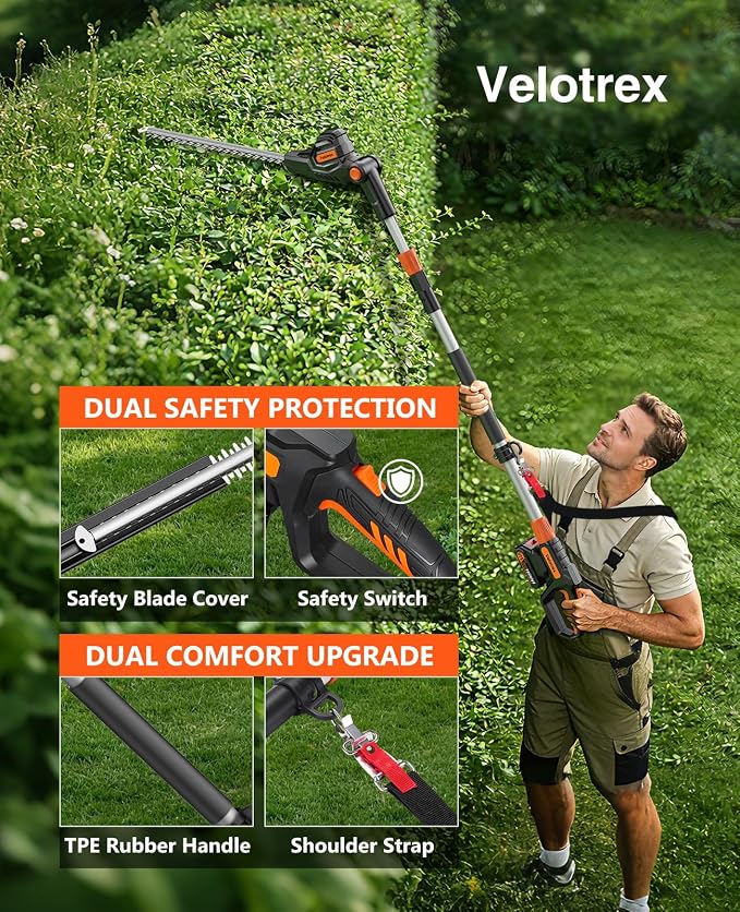 Pole Hedge Trimmer Cordless with 2 x 2000mah Batteries, 13.5 Ft Reach Electric Bush Trimmer for Yard and Garden, Hedge Trimmer with extension pole of 8.8Ft for Tall Hedge and Branches Pruning