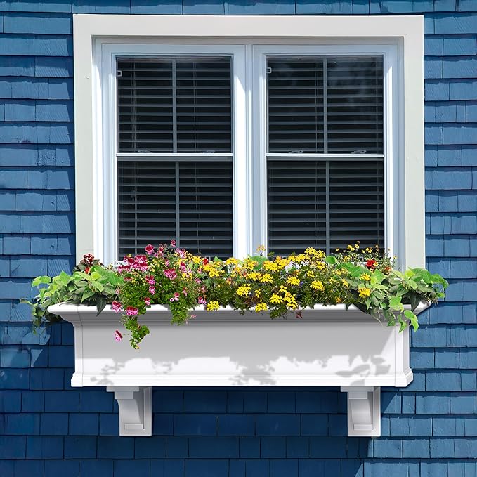 Mayne Yorkshire 4ft Window Box - White - 48in L x 12in W x 10in H - Polyethylene Planter - Built-In Water Reservoir (4824-W)
