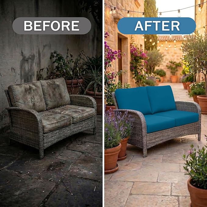 hyha Waterproof Outdoor Cushion Covers for Patio Furniture, Stretch Patio Chair Cushion Slipcovers, Coated UV Resistant Replacement Seat Covers, Solid Color (Peacock Blue, 14PC)