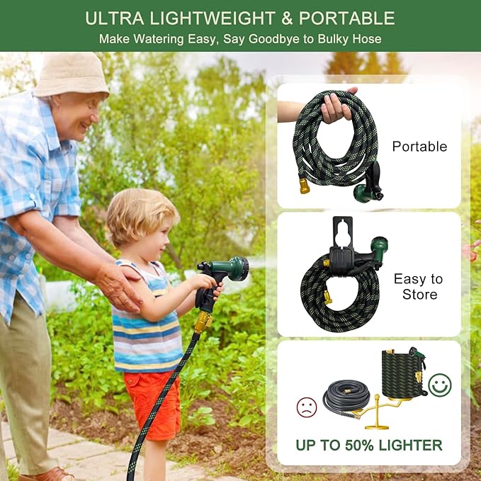 Garden Hose Non-Expandable 25 ft, Lightweight Flexible Water Hose with 10 Function Spray Nozzle, Outdoor Leak Proof, Kink-Free, Portable Hose for Yard, Lawn, Camper, High-Density Fabric, Black Green