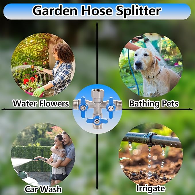 304 Stainless Steel Garden Hose Splitter 3 Way Heavy Duty, Full Flow Hose T Splitter with Long Handle,Lead-free T Valve Water Garden Hose Adapter,3/4" GHT Threads