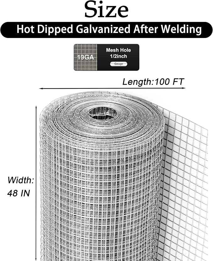 Hardware Cloth 1/2 inch 48" x 100ft, 19 Gauge Hot-Dip Galvanized After Welding — Heavy Duty Welded Wire Mesh Roll for Chicken Run, Rabbit Fence, Garden Protection, Poultry Netting | Hot-Dip Galvanized After Welding