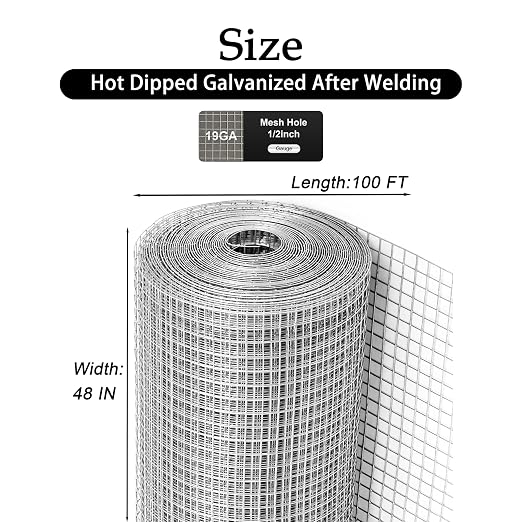 19 Gauge Hardware Cloth 1/2 inch 48" x 100',Hot-Dipped Galvanized After Welding Wire Mesh Screen Roll,Heavy Duty Chicken Wire Fence for Poultry Coop, Garden Protection, Gopher Barrier, Tree Guard