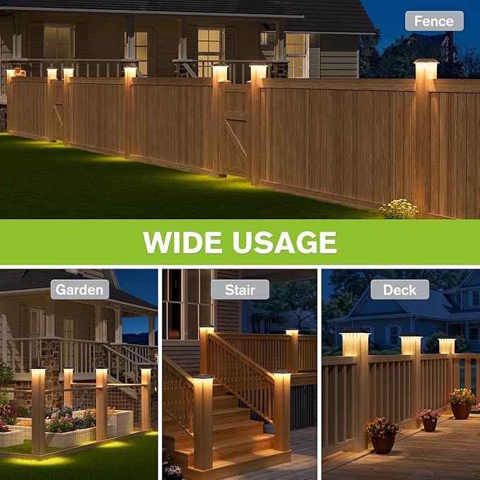 Solar Post Cap Lights Outdoor 12pack - Downward Lighting Waterproof Deck Fence Post Solar Lights for 4x4 Wooden/Vinyl Posts, Warm White Glow, Ideal for Deck Edges/Stair Railings/Porch/Backyard Fence