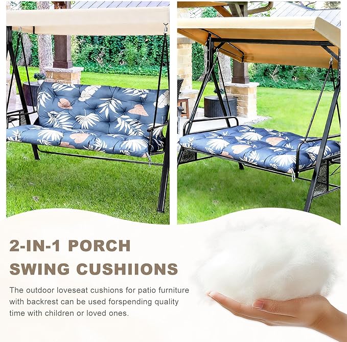 Porch Swing Cushion with Backrest,Waterproof Bench Cushion for Outdoor Furniture,2-3 Seater Replacement Thickened Swing Cushion with Ties,Patio,Outdoor,Backyard and Garden (Tropical Leaf,60x40")