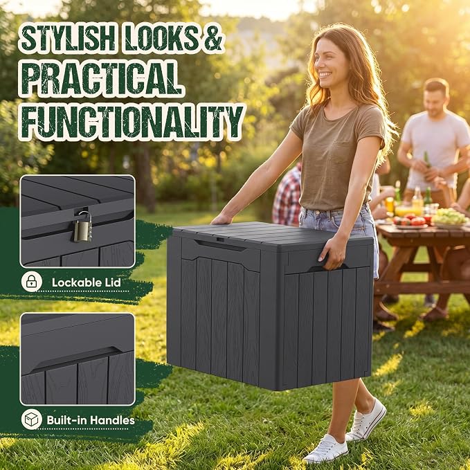 Devoko 29 Gallon Waterproof Outdoor Storage Box Resin Deck Box Lockable and UV Resistant for Patio Furniture, Garden Tools (Gray, 29 Gallon)