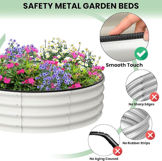 Garvee Galvanized Raised Garden Bed, 2Pcs Raised Garden Beds Outdoor, Round Planter Raised Beds with Gloves and Rubber Edge Trim for Vegetables, Flowers and Herbs, 2x2x1 FT, White