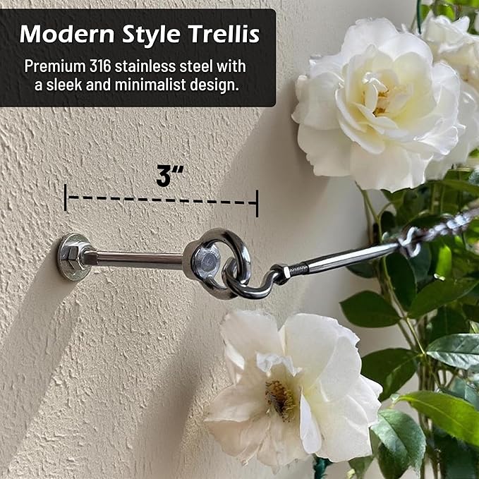 Tensioned Wall Wire Trellis Kit, 5/64”(2mm) x 150ft Cable with T316 Stainless Steel Turnbuckle Tensioners for Outdoor Climbing Plants Espalier System for Fence and Garden DIY Projects