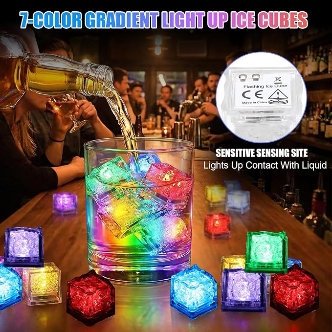 60 Pack Light Up Ice Cubes for Drinks, Multi Color Led Ice Cubes, IP67 Waterproof Reusable, Glowing Flashing Changing Lights, Water Activated Drink Lights for Cocktails Club Party Bar Wedding Decor