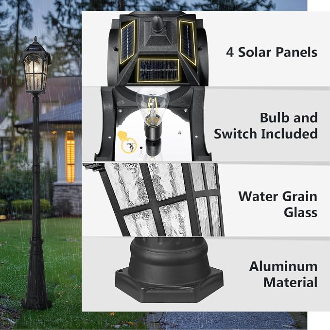 Emliviar 85.4" Black Solar Powered Street Light Fixture for Pathway with Remote Control, Dusk to Dawn Waterproof Pole Lamp with LED Bulb, Post Lighting with Water Grain Glass Shade, YXE302MPL-SL BK